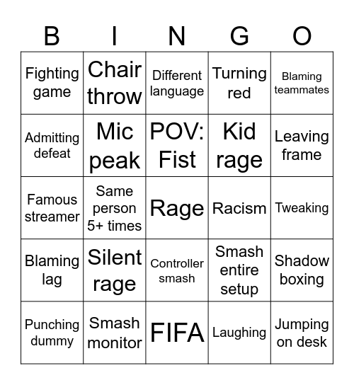 Gamer Rage Bingo Card