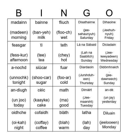GAIDHLIG BINGO *** SCOTS GAELIC BINGO Card