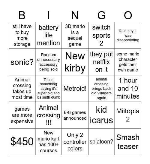 Switch 2 Bingo Card