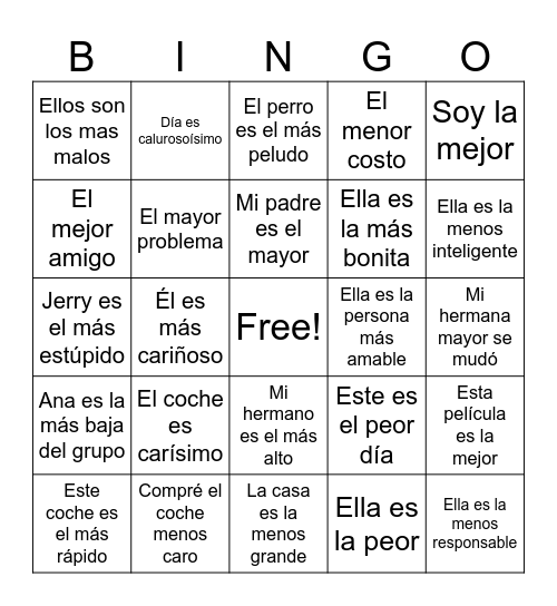 Superlatives Bingo Card