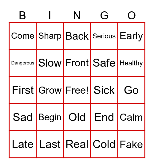 Antonym Bingo Card