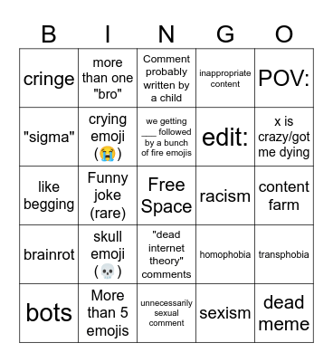 Youtube shorts comments bingo Card