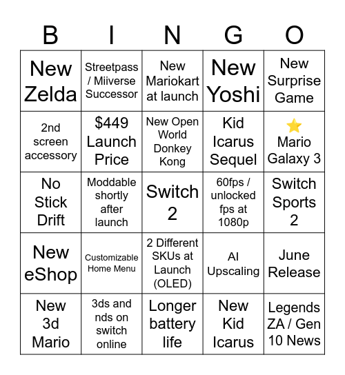 2024 Switch 2 Bingo Card Bingo Card