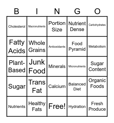 Nutrition Bingo Card