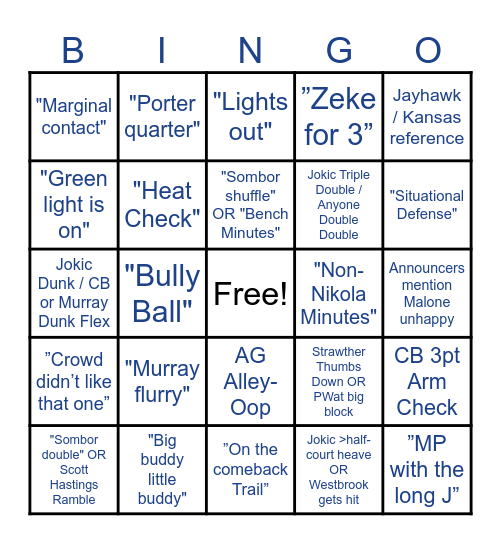 Nuggets Altitude+ BINGO Card