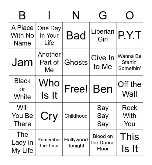 Michael Jackson Hits Bingo Card