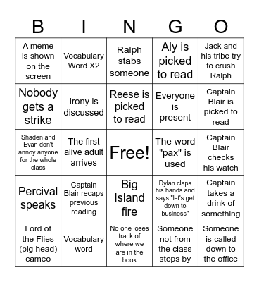LOTF Chapter 12 Bingo Card