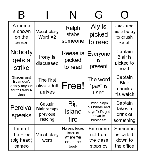 LOTF Chapter 12 Bingo Card