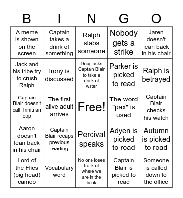 LOTF Chapter 12 Bingo Card
