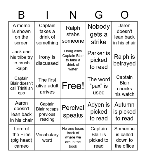 LOTF Chapter 12 Bingo Card