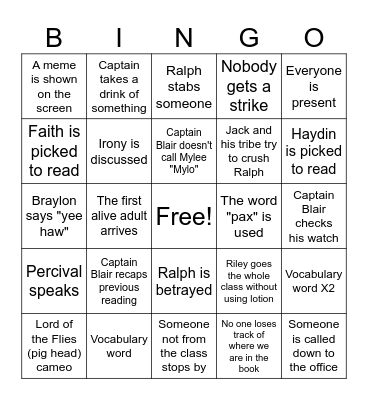 LOTF Chapter 12 Bingo Card