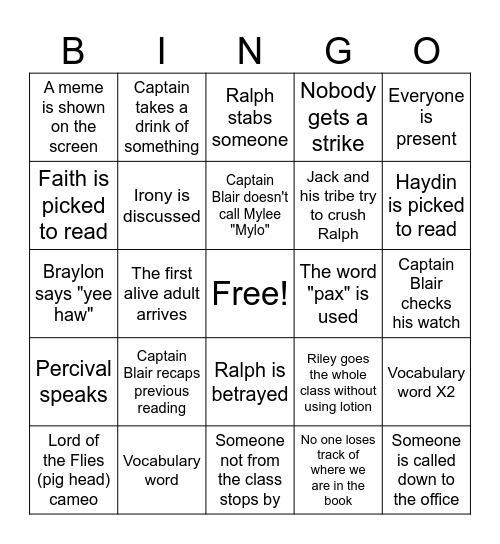 LOTF Chapter 12 Bingo Card