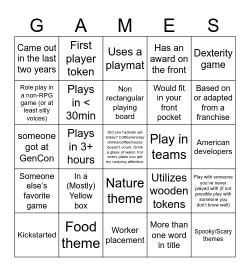 Board Game Bingo Card
