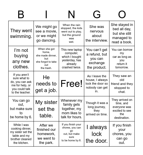 Sentence Type Bingo Card