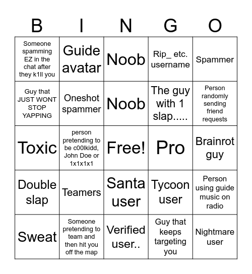 Roblox SB bingo Card
