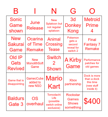 Nintendo Switch 2 Direct Ben Predicts Bingo Card