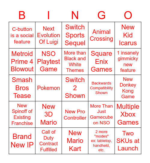 Nintendo Switch 2 Direct Zack Predicts Bingo Card