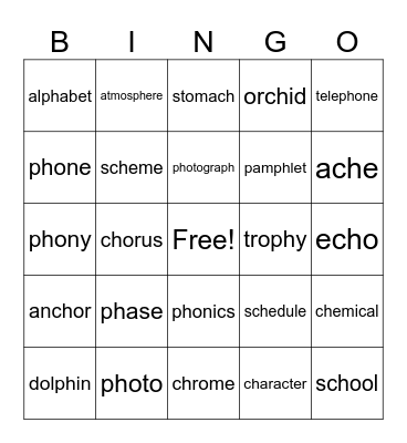 ch /k/ and ph /f/ Bingo Card