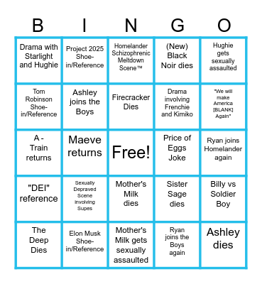 The Boys Season 5 Bingo Sheet Bingo Card
