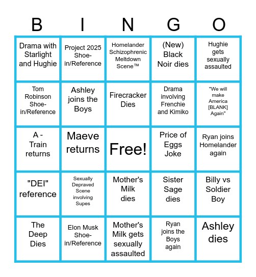 The Boys Season 5 Bingo Sheet Bingo Card