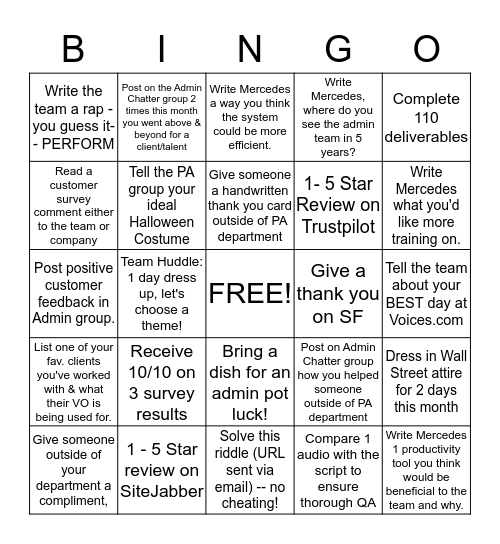 Project Admin - October Bingo Card