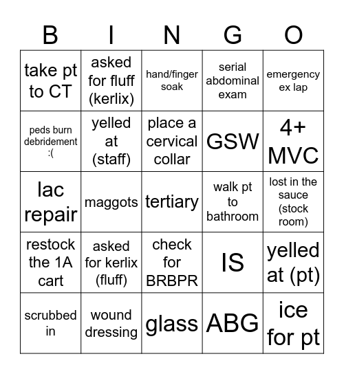 Trauma Bingo Card