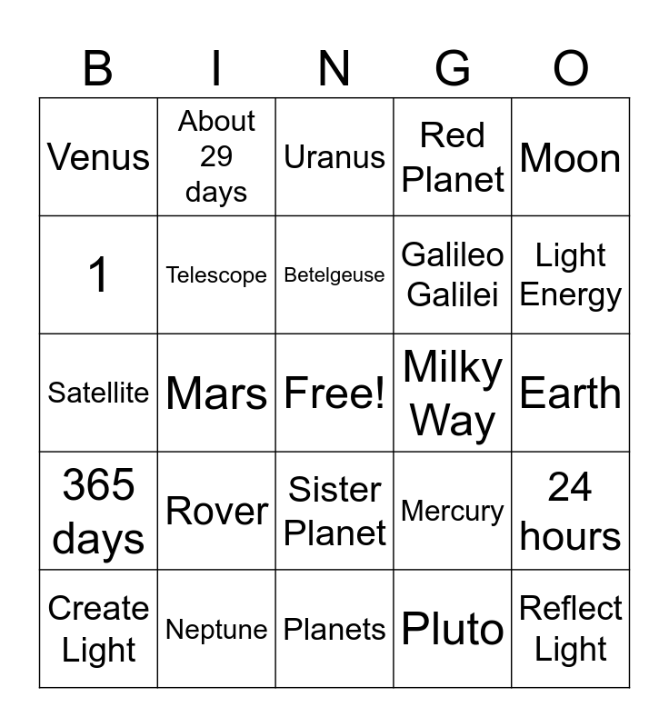 Stars and Planets Bingo Card