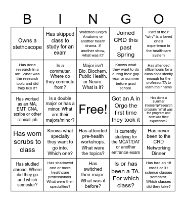 CRD Pre-Health Bingo Card
