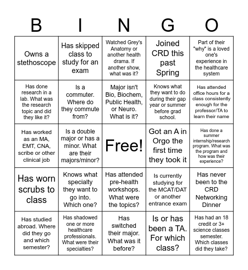 CRD Pre-Health Bingo Card