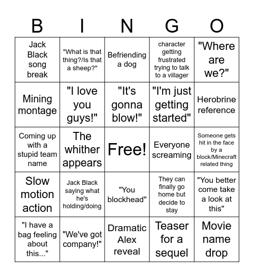 Minecraft Movie Bingo Cards Bingo Card