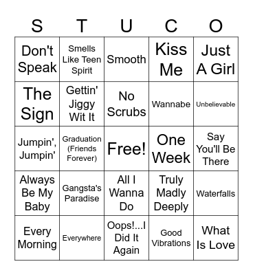 (1) StuCo Music Bingo - 90s Bingo Card