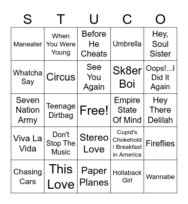 (2) StuCo Music Bingo - 2000s Bingo Card