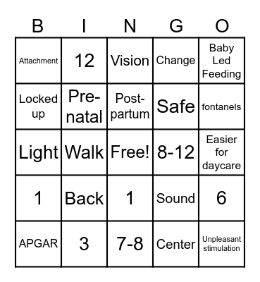 Infant Development Bingo Card