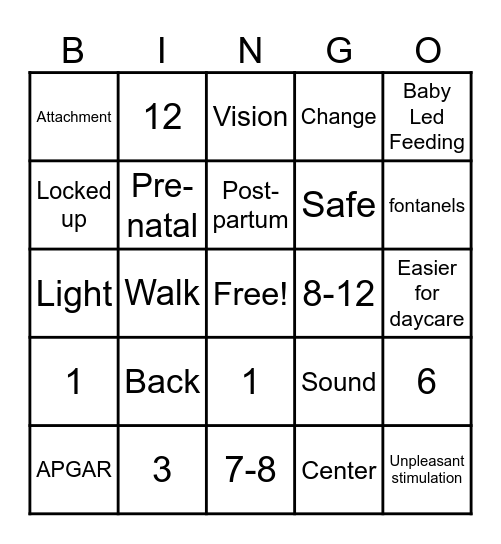 Infant Development Bingo Card