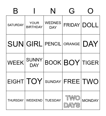Days of the Week Bingo Card