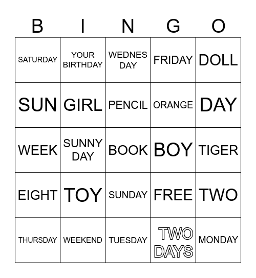 Days of the Week Bingo Card