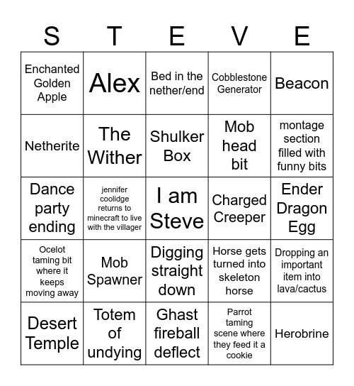 Minecraft Movie Bingo Card