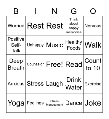 Stress Management Bingo Card