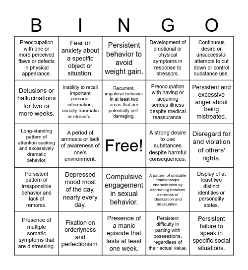 DSM-5 Bingo Card