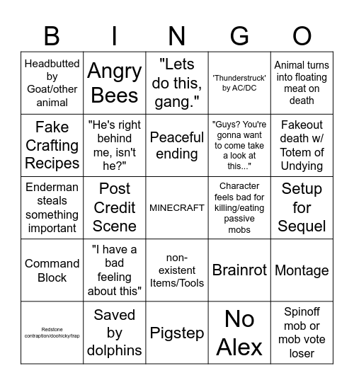 Minecraft movie bingo Card