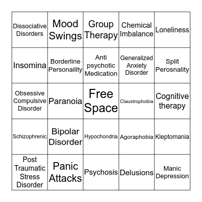 Mental Illness Bingo Card