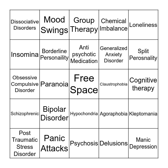 Mental Illness Bingo Card