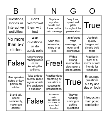 Presentation Skills Bingo Card