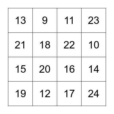 Addition and Subtraction to 24 Bingo Card