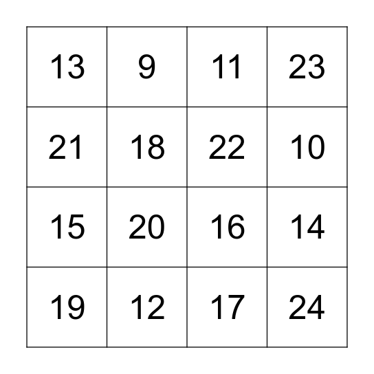 Addition and Subtraction to 24 Bingo Card