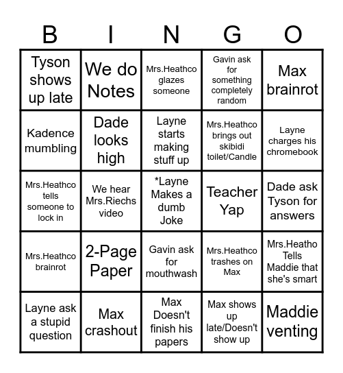 1st Hour Bingo Card