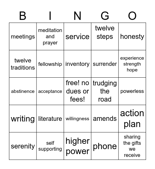 Recovery Bingo Card