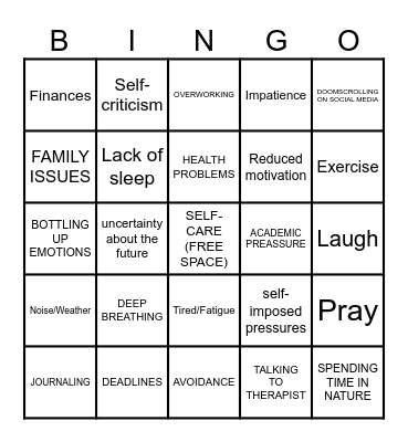 Stress & Coping Skills Bingo Card