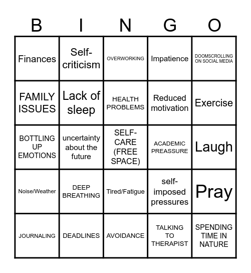 Stress & Coping Skills Bingo Card