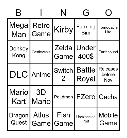 Nintendo Direct 2025 Bingo Card